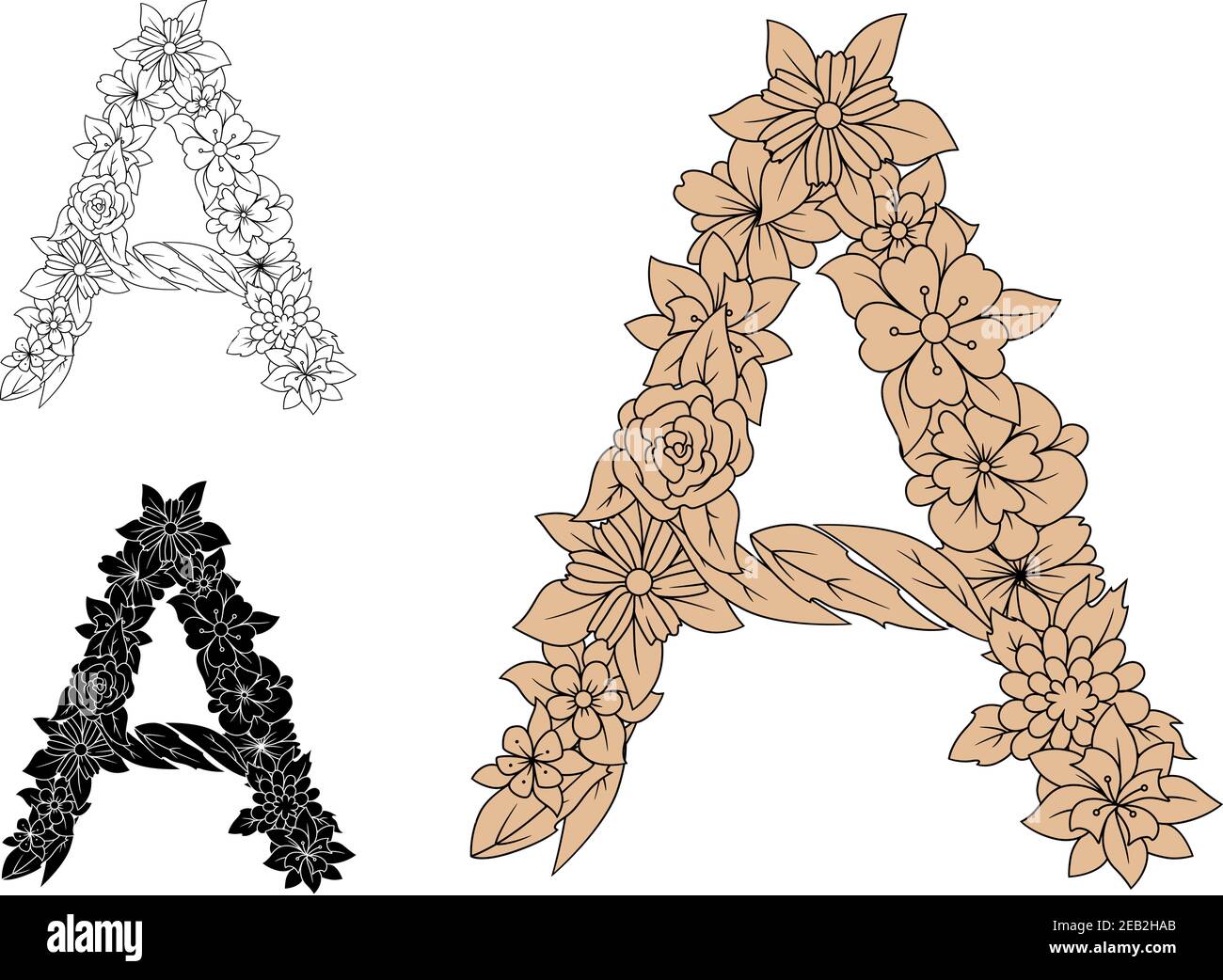 Großbuchstabe A mit Blüten, Blumen und Kräutern. Isoliert auf Weiß, für Monogramm- oder Schriftdesign Stock Vektor