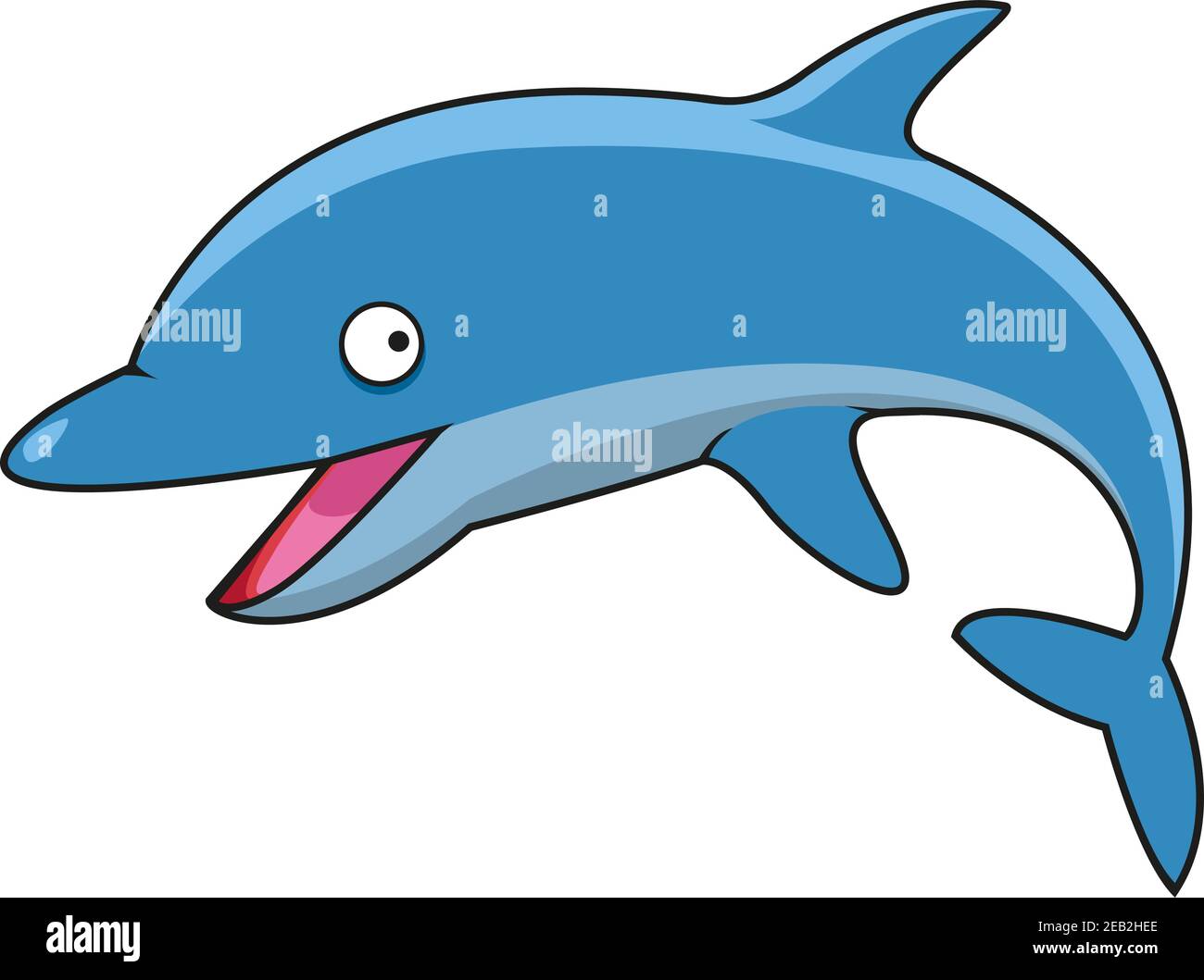 Springen blau Tümmler Delphin Cartoon-Figur mit geschwungenem Schwanz und fröhliches Lächeln, für Unterwasserwelt Maskottchen Design Stock Vektor