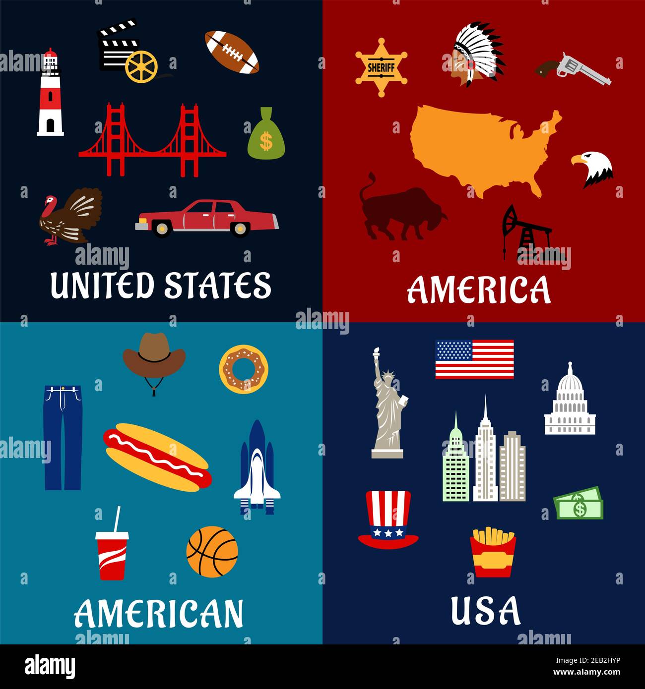 USA Reise flache Symbole mit Karte, Flagge, Dollar, Fast Food und Getränke, Freiheitsstatue, Wolkenkratzer, Brücke Auto Cowboy Hut Pistole, Sheriff Sternadler, Mo Stock Vektor