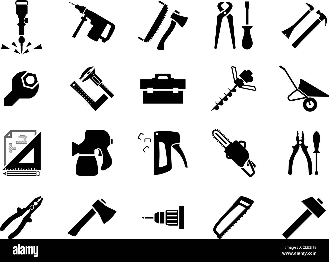 Hämmer, Schraubendreher, Achsen, Sägen, Zangen, Presshammer, Brecheisen, Schlüssel, Messschieber Satz quadratische Werkzeugkiste Bohrmaschine, Schubkarre Zeichnung, Spray g Stock Vektor