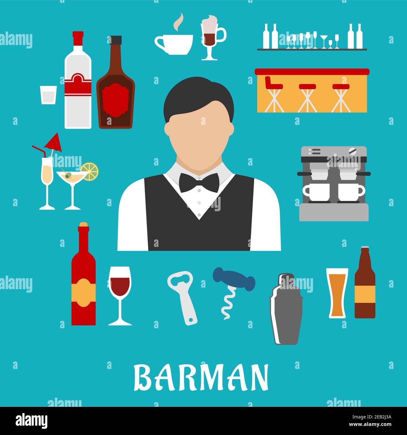 Barkeeper und Barkeeper Beruf flache Ikonen mit Mann, Alkohol Getränke und Getränke, Pub-Elemente Stock Vektor