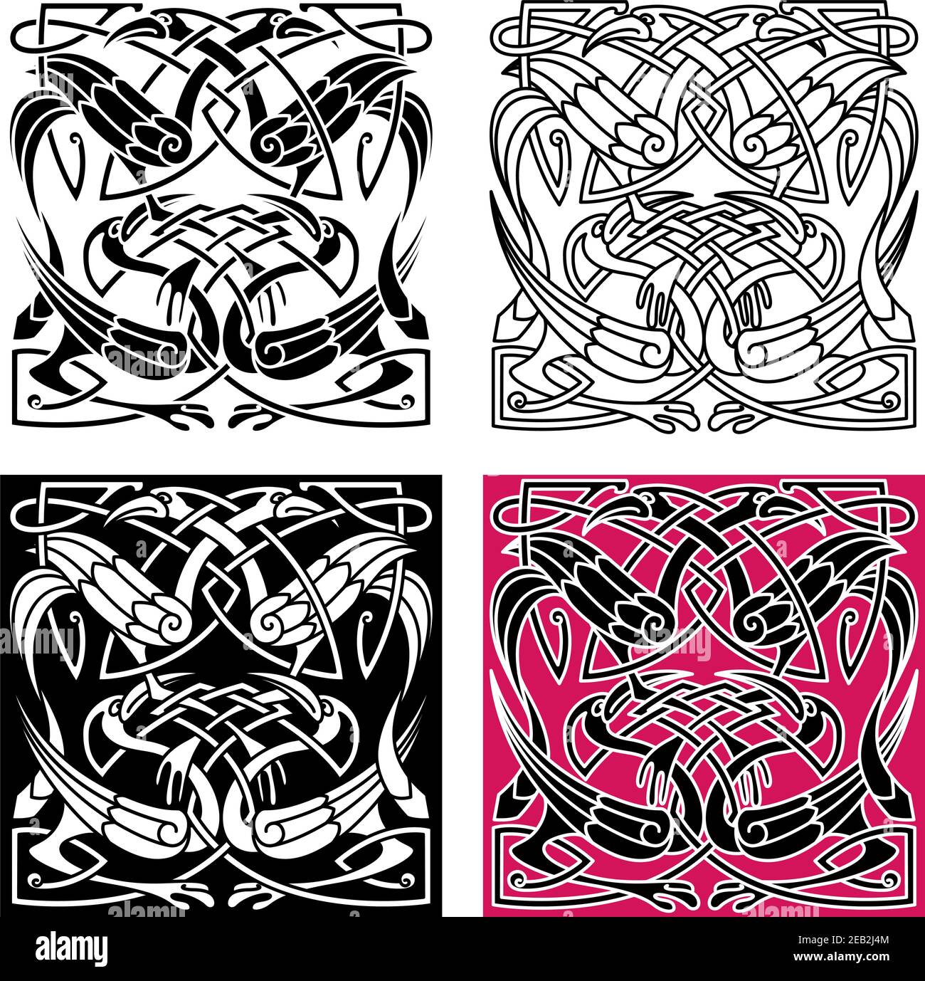 Keltisches Knotenmuster mit wunderschönen Reihern mit Wappen, Flügeln und Beinen. Für Tattoo oder Kunstdesign Stock Vektor