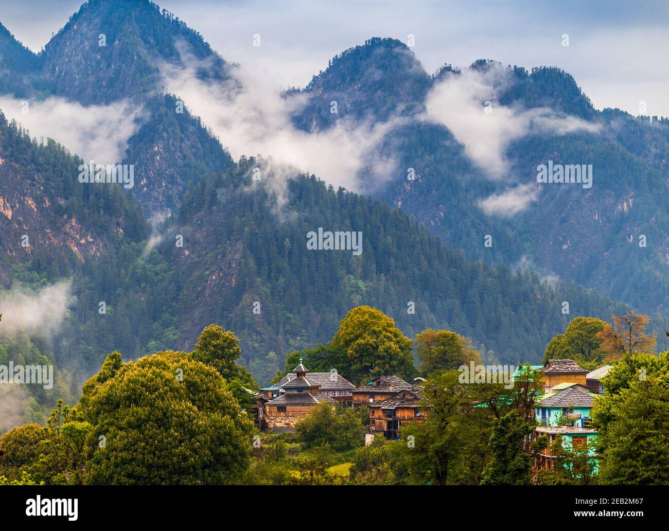 Landschaftlich reizvolle Aussicht auf die Himalaya Range. Sonnenaufgang Blick aus dem dichten Wald des Himalaya-Dorfes Grahan, Kasol, Himachal Pradesh, Indien. Stockfoto