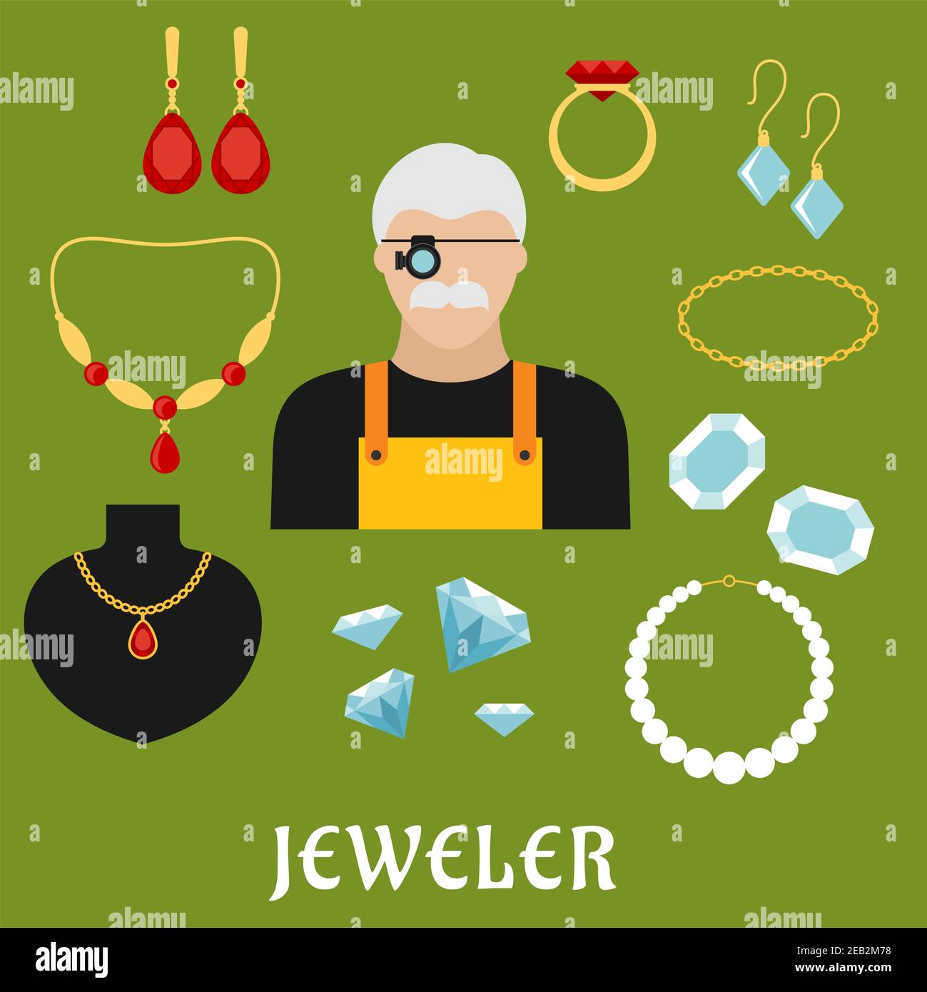 Juwelier Beruf Konzept mit Schnurrbart Mann in Lupe, umgeben von eleganten Goldring, Ohrringe, Ketten, Anhänger, Armbänder und Nackenträger Stock Vektor