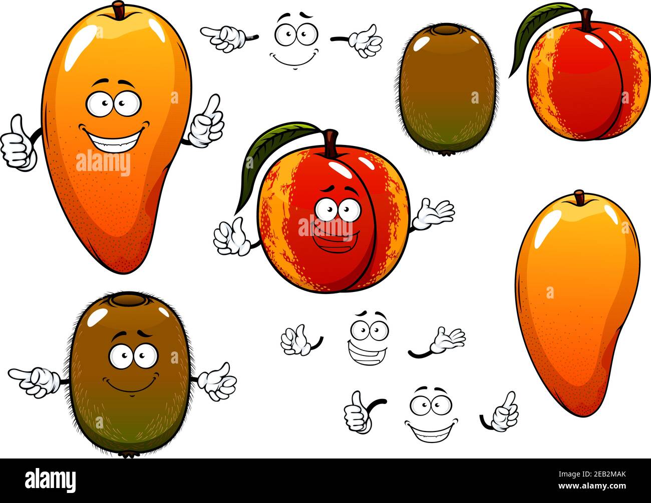 Cartoon süß duftende rötlich orange Mango, Pfirsich und grüne Kiwi Früchte Zeichen mit glücklich lächelnden Gesichtern für frische vegetarische Lebensmittel oder Landwirtschaft Stock Vektor