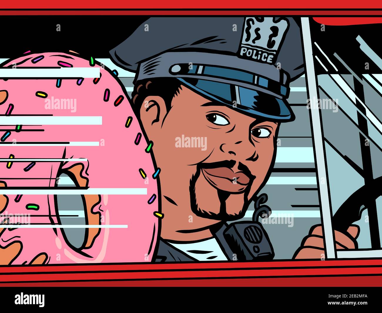 Ein Polizist in einem Auto mit einem Donut Stock Vektor