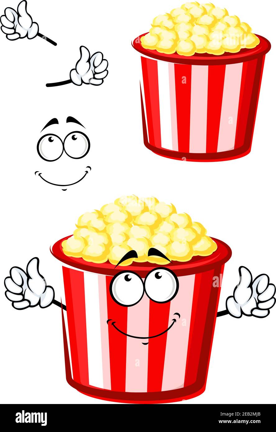 Süße Popcorn-Zeichentrickfigur zum Mitnehmen in traditionellem roten und weißen Papiereimer mit nachdenklichem Lächeln für Fast Food oder Freizeit-Design Stock Vektor