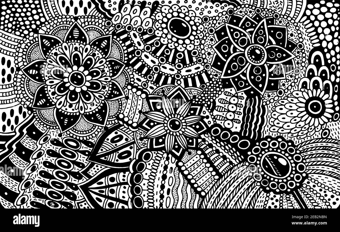 Blumenschmuck mit Mustern und Blättern. Zendoodle surreal Färbung Seite für Erwachsene. Abstraktes Tripy-Muster. Psychedelische Kunst. Vektorgrafik Stock Vektor