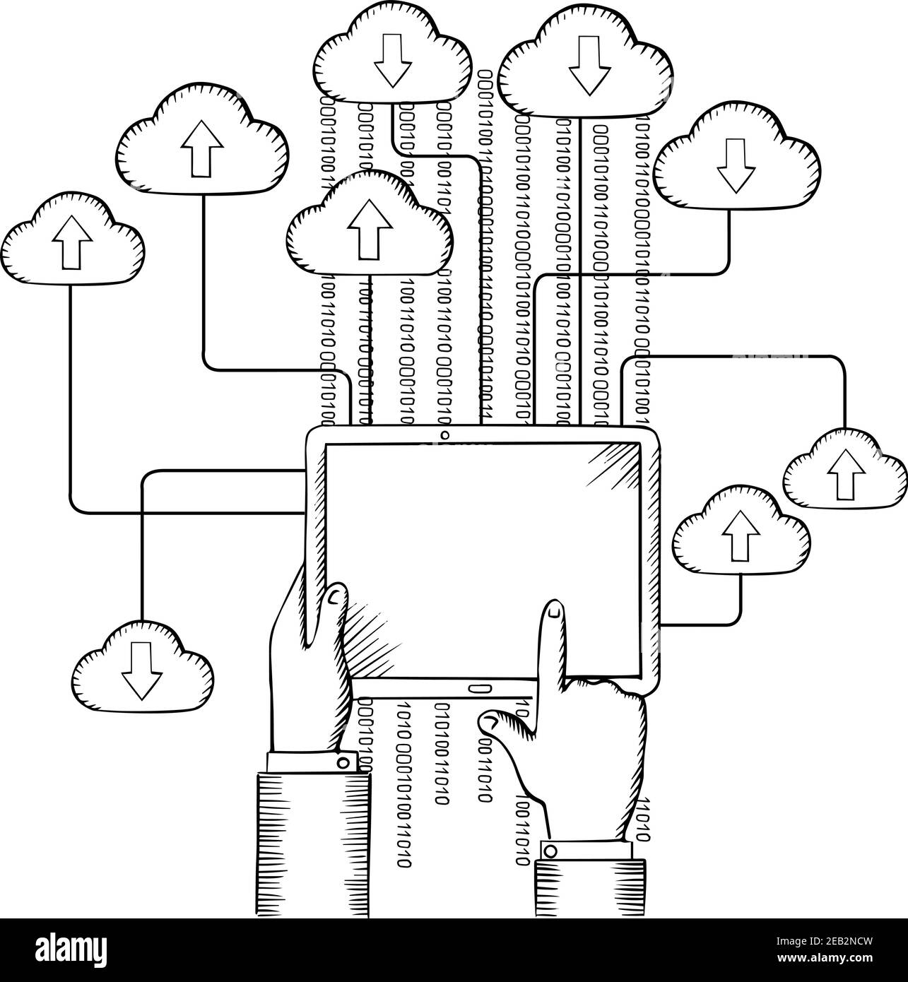 Tablet-pc in den Händen der Menschen, verbunden mit Cloud-Datenspeicher mit Datenströmen, Download und Upload-Prozess, Skizzenstil Stock Vektor