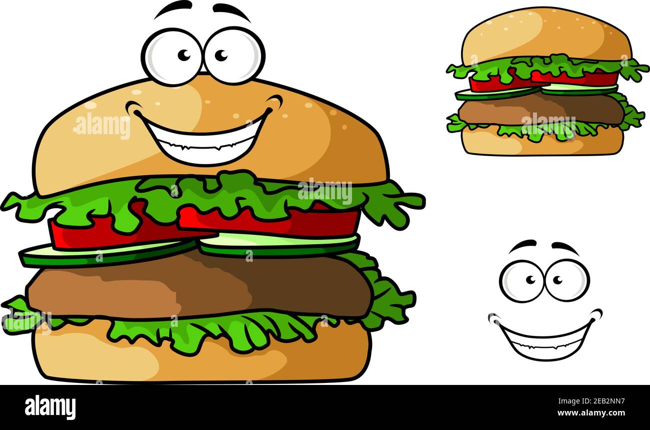 Fast Food Hamburger Cartoon-Figur mit gegrilltem Patty, frische Tomaten und Gurken Scheiben, Salatblätter zum Mitnehmen oder Café-Menü-Design Stock Vektor