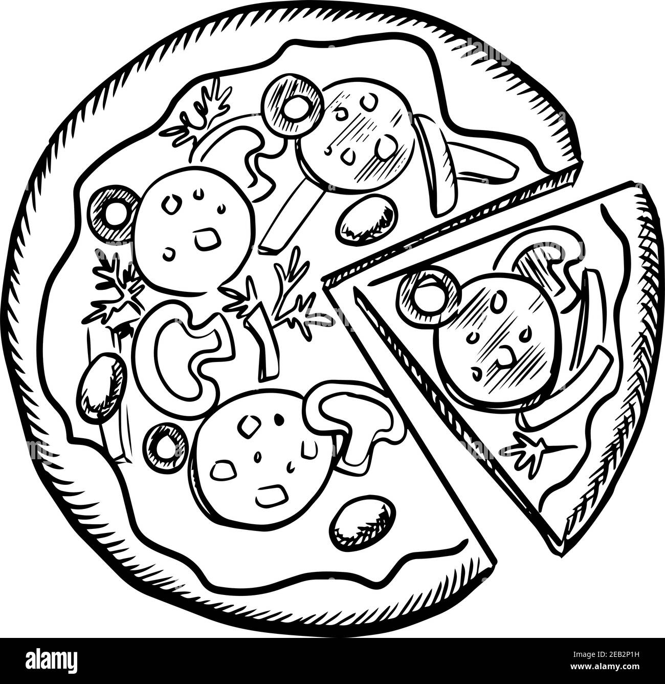 Skizze der Fast-Food-Pizza mit Salami, Pilzen, Oliven, Zwiebeln und Paprika Scheiben, gewürzt mit Petersilie. Isoliert auf weißem Hintergrund Stock Vektor