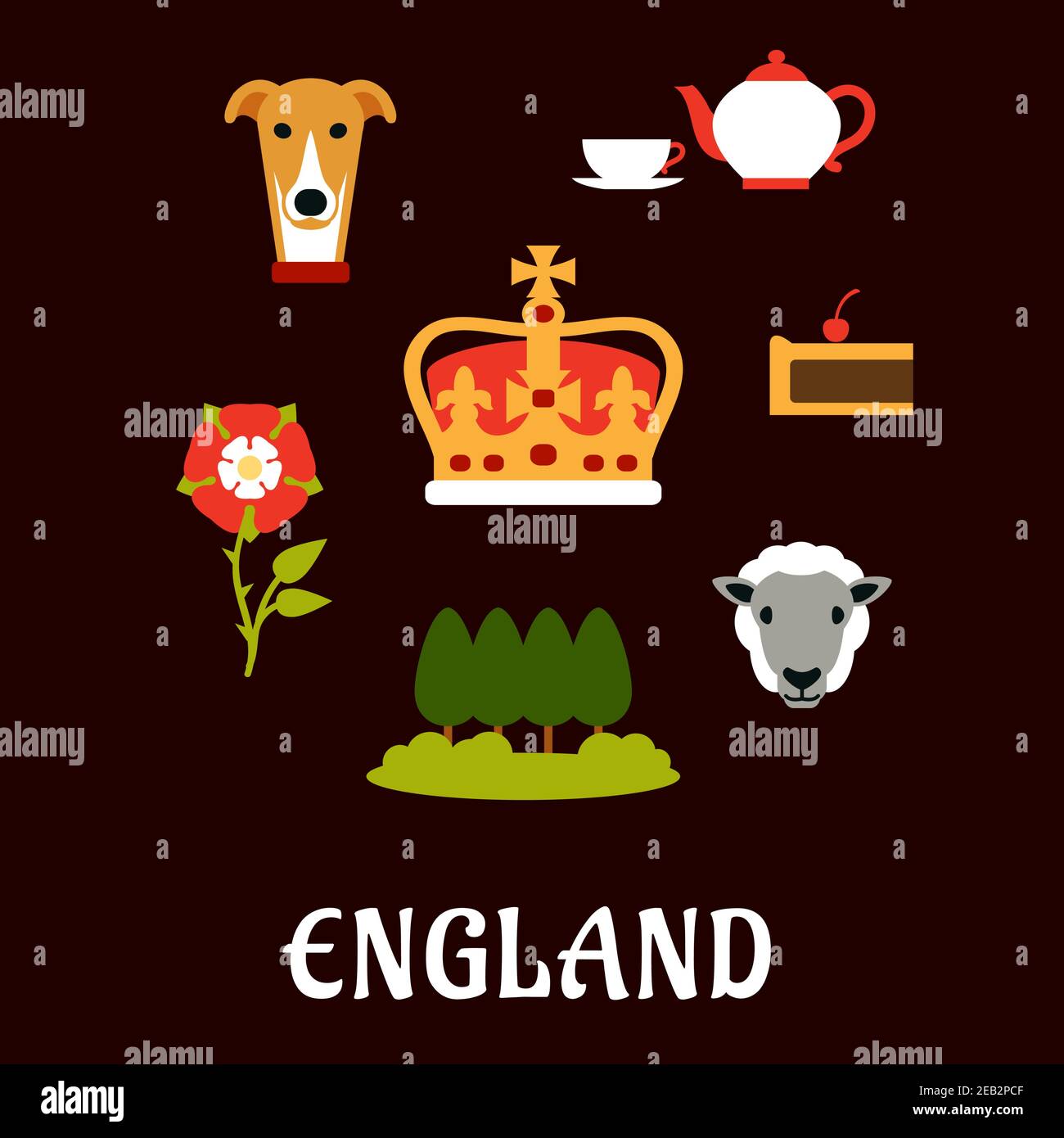 England traditionelle Symbole flache Symbole mit heraldischen Tudor Rose, Parklandschaft, königlichen Hund, Tee-Set, Kuchen, Schaf und Kaiser Krone Stock Vektor