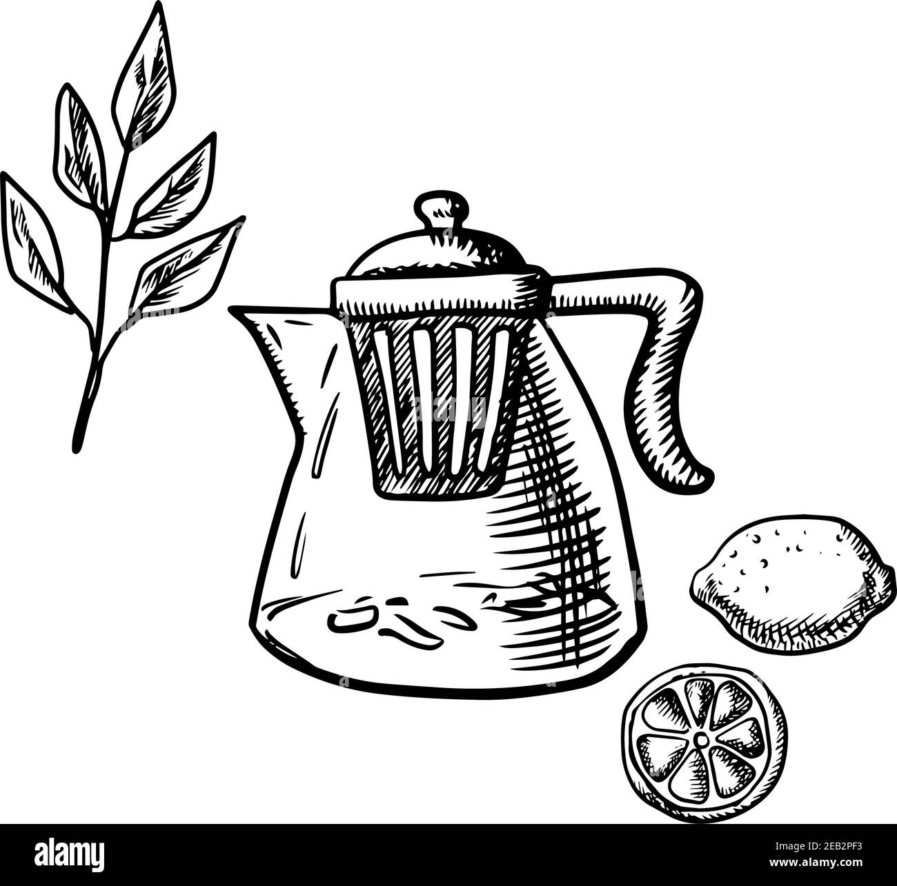 Glas Teekanne mit Infuser Sieb, frischen Zweig des Teebuchs, ganze und geschnittene Zitronenfrucht isoliert auf weißem Hintergrund. Skizzenstil Stock Vektor