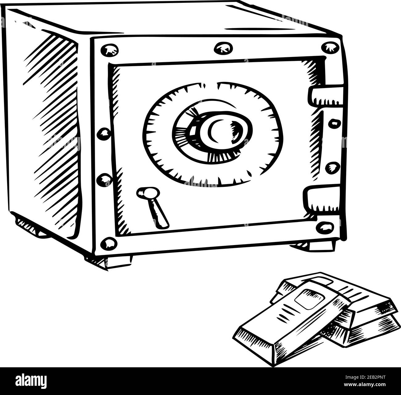 Safe mit Kombinationsschloss und Stapel von Goldbarren isoliert auf weißem Hintergrund, Skizzenstil Stock Vektor