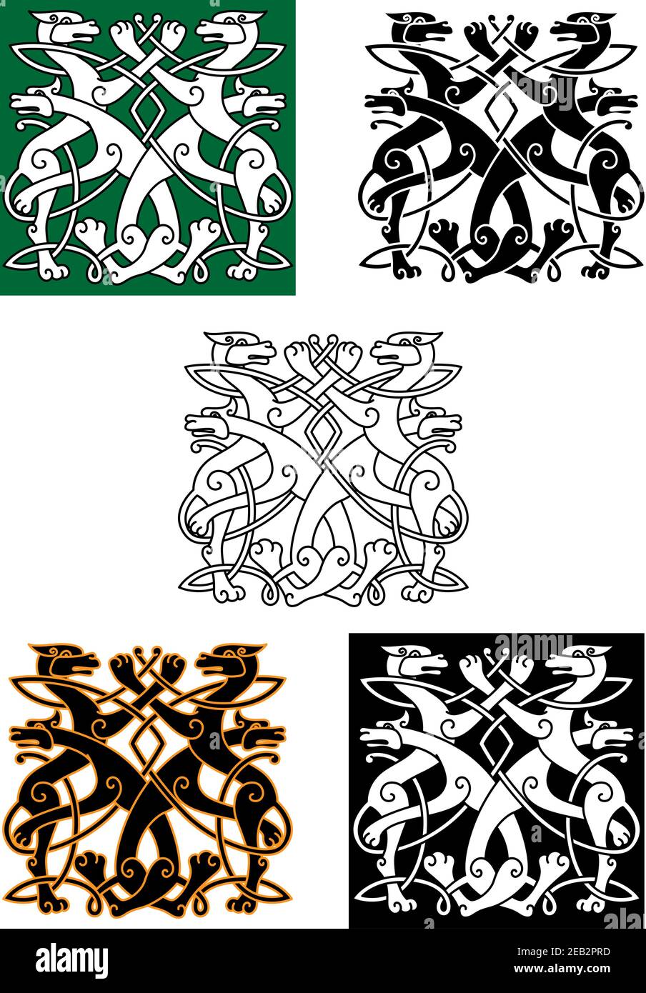 Keltische Tiere Muster mit Wölfen verdreht und in Knoten Ornament gebunden. Für Heraldik oder Kunstdesign Stock Vektor