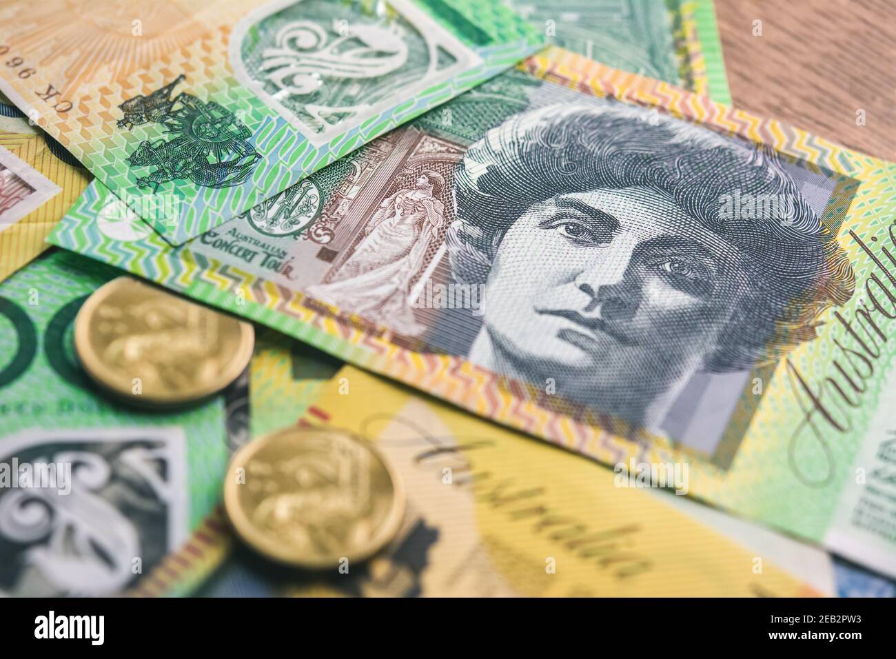Australische Währung Geld auf dem Tisch für Finanz-und Investitionen Konzepte Stockfoto