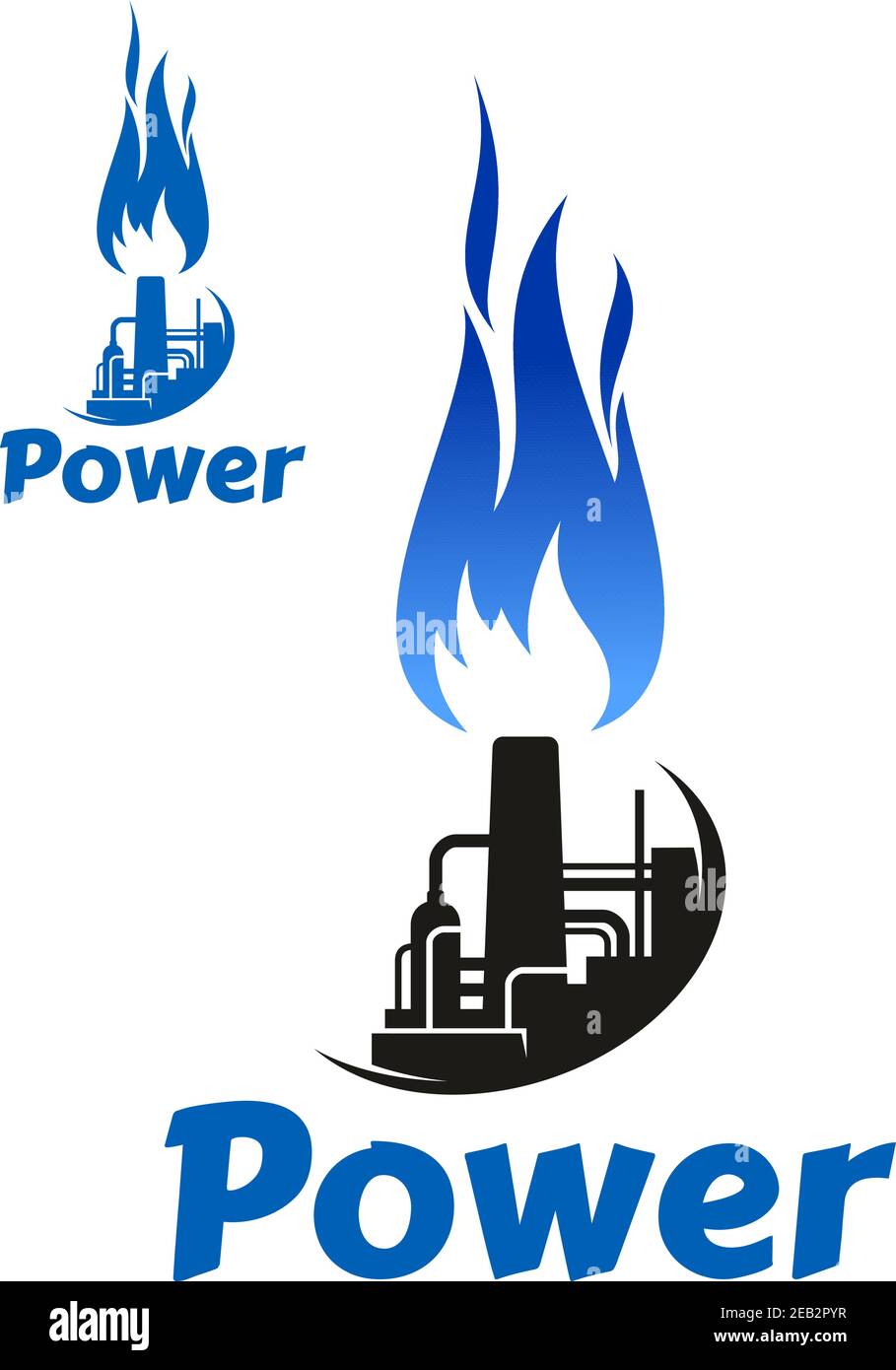 Industrielles Symbol oder Symbol mit Ölraffinerie Fabrik, Vorratstank, Turm, Kamin und hohe blaue Flamme. Isoliert auf weißem Hintergrund, mit Beschriftung Powe Stock Vektor