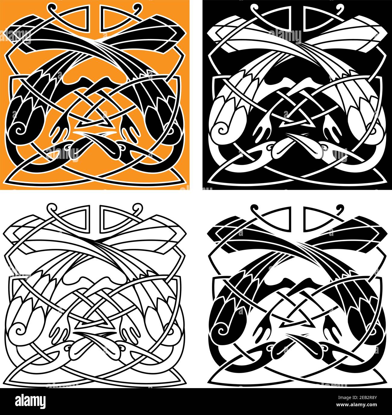 Keltischer Vintage-Schmuck mit spielenden Reihervögeln, verflochten von Kämmen im Stammesmuster. Für mittelalterliche Tattoo oder heraldry Themen Design Stock Vektor