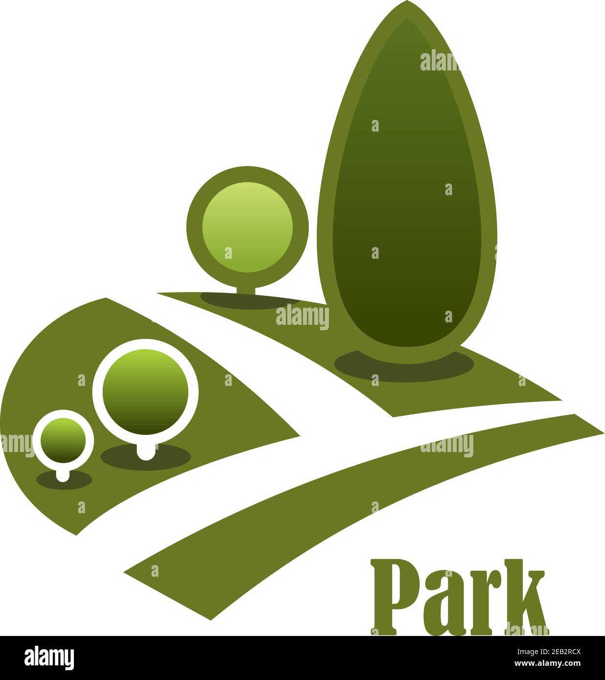 Sommer Park Landschaft Ikone mit abgeschiedenen Gehweg zwischen grünen Rasen Mit Bäumen und Sträuchern isoliert auf weißem Hintergrund mit Text Parken Stock Vektor