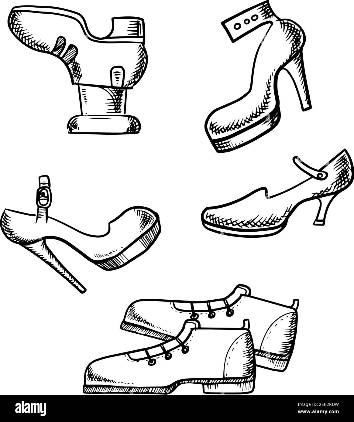 Schuhe skizzieren Ikonen mit eleganten Stiefeln mit Schnürung und hoch Weibliche Schuhe mit Absatz auf weißem Hintergrund isoliert Stock Vektor