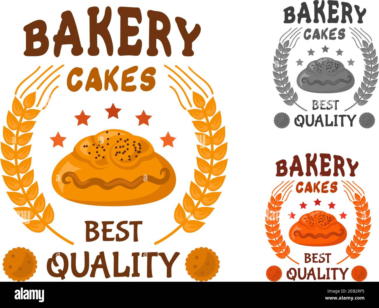 Backwaren-Kuchen-Ikone des Bun mit Mohn, umgeben von Sternen, Weizenohren und Kopfbesatz Beste Qualität mit Cookies auf beiden Seiten Stock Vektor