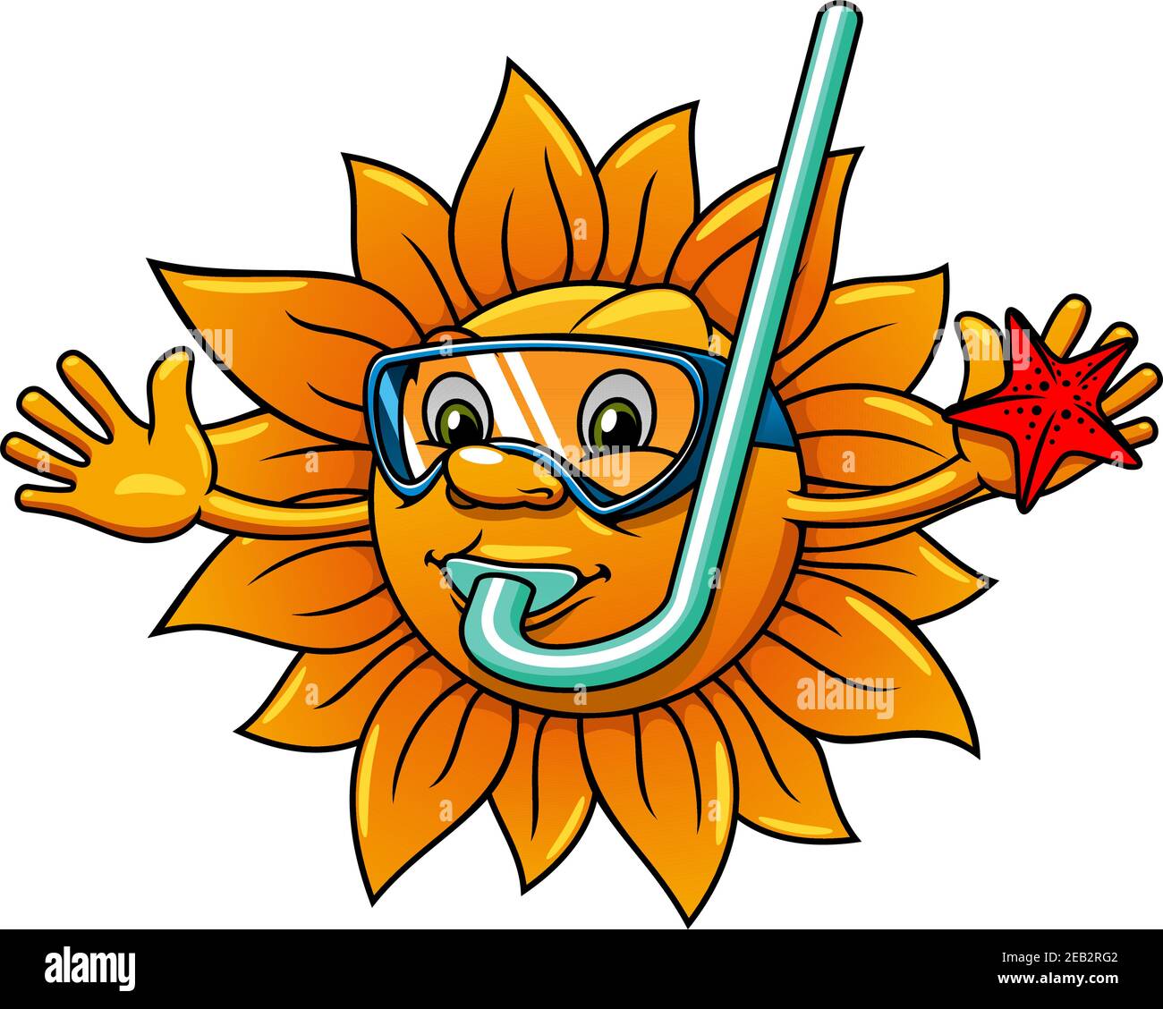 Happy Cartoon Sonne Charakter in Tauchermaske und Schnorchel mit roten Seestern in der Hand isoliert auf weißem Hintergrund. Für Urlaub, Reisen oder Maskottchen Design Stock Vektor