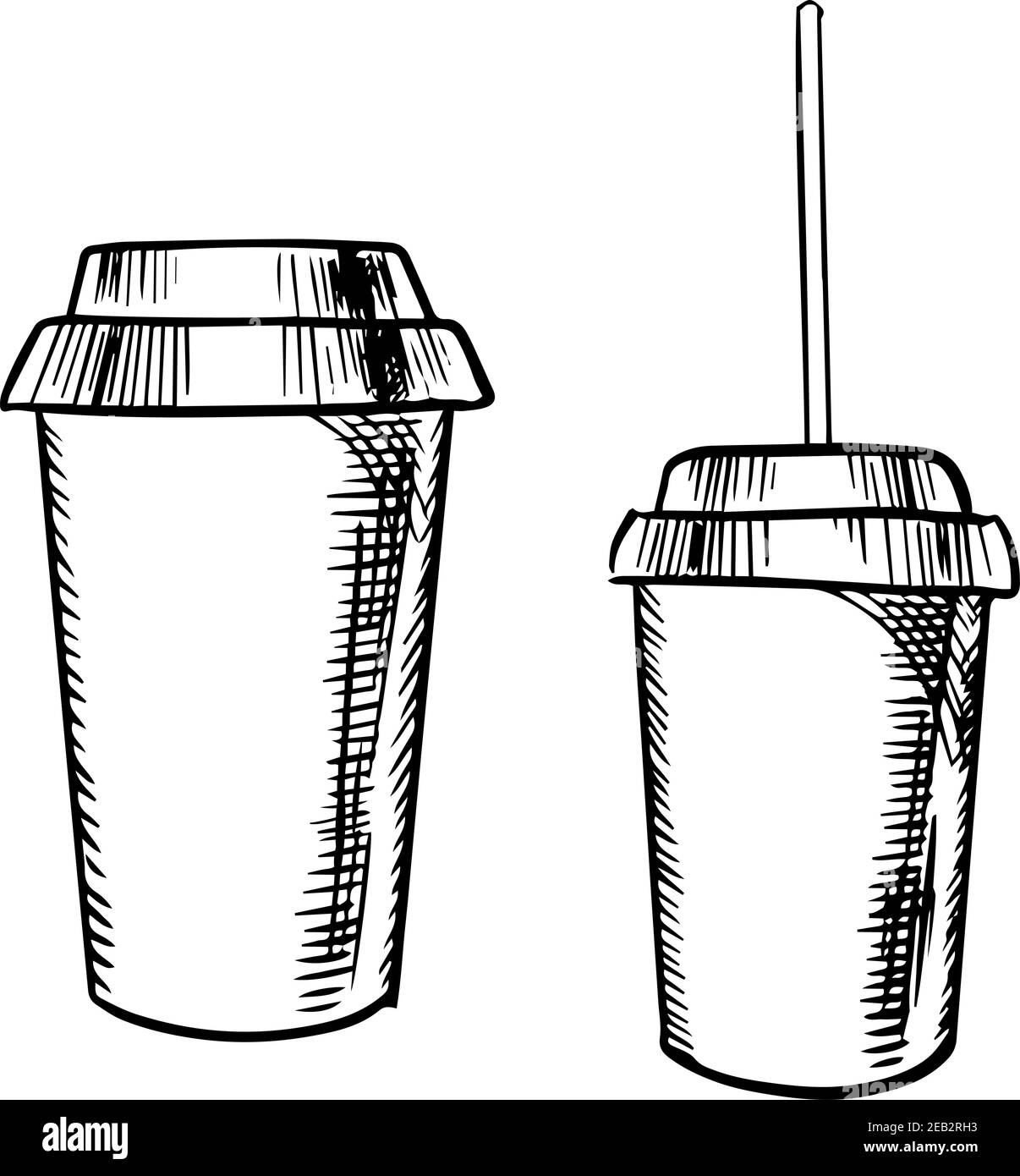Take-away-Becher für Kaffee und Limonaden mit Deckel und Trinkhalm für Fast-Food-Thema, Skizze Stil Stock Vektor