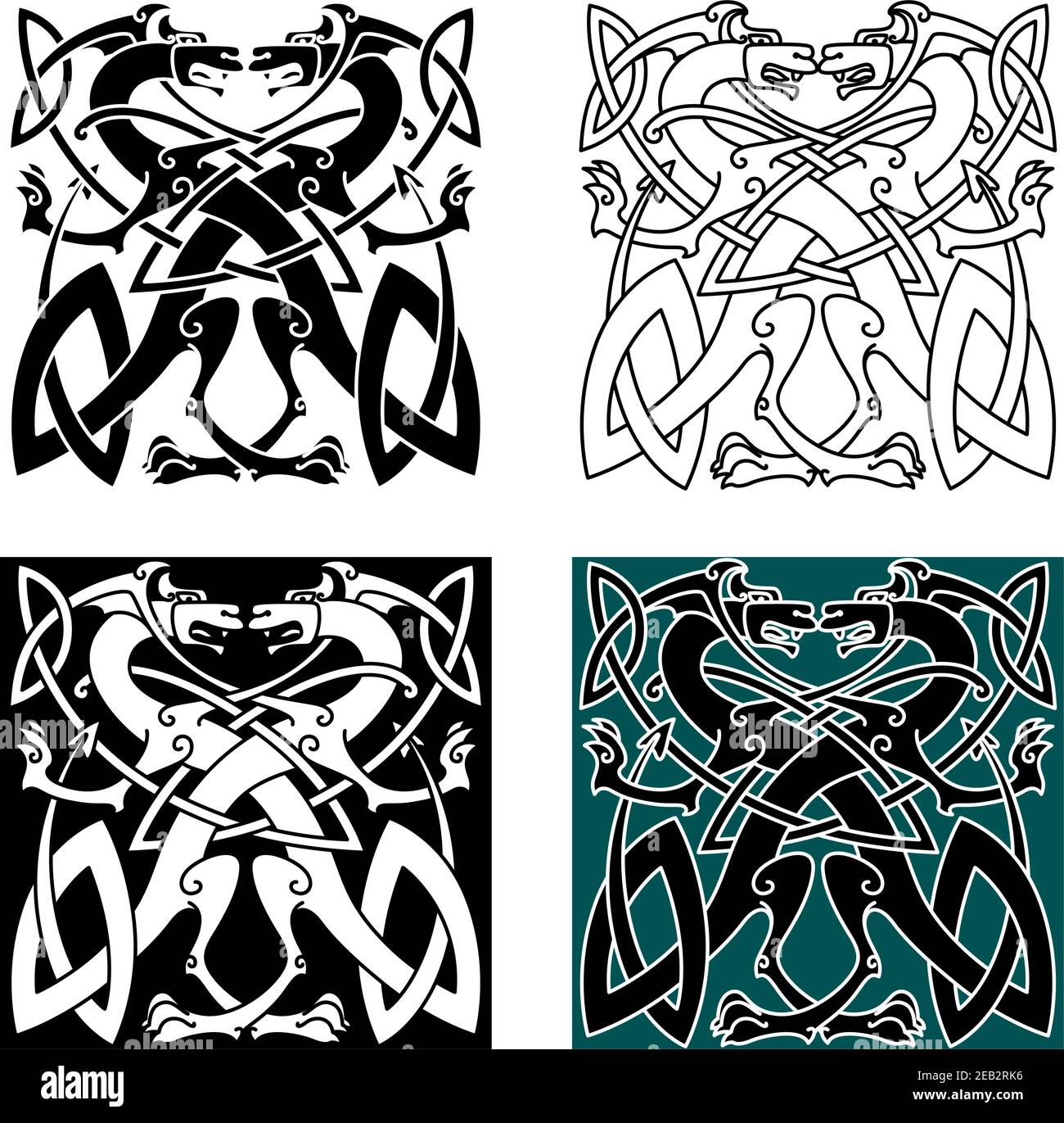 Kampfdrachen im keltischen Stil mit geknüpften Flügeln und Schwänzen In Vintage Ornament Muster für Tattoo oder Wappen Design Stock Vektor