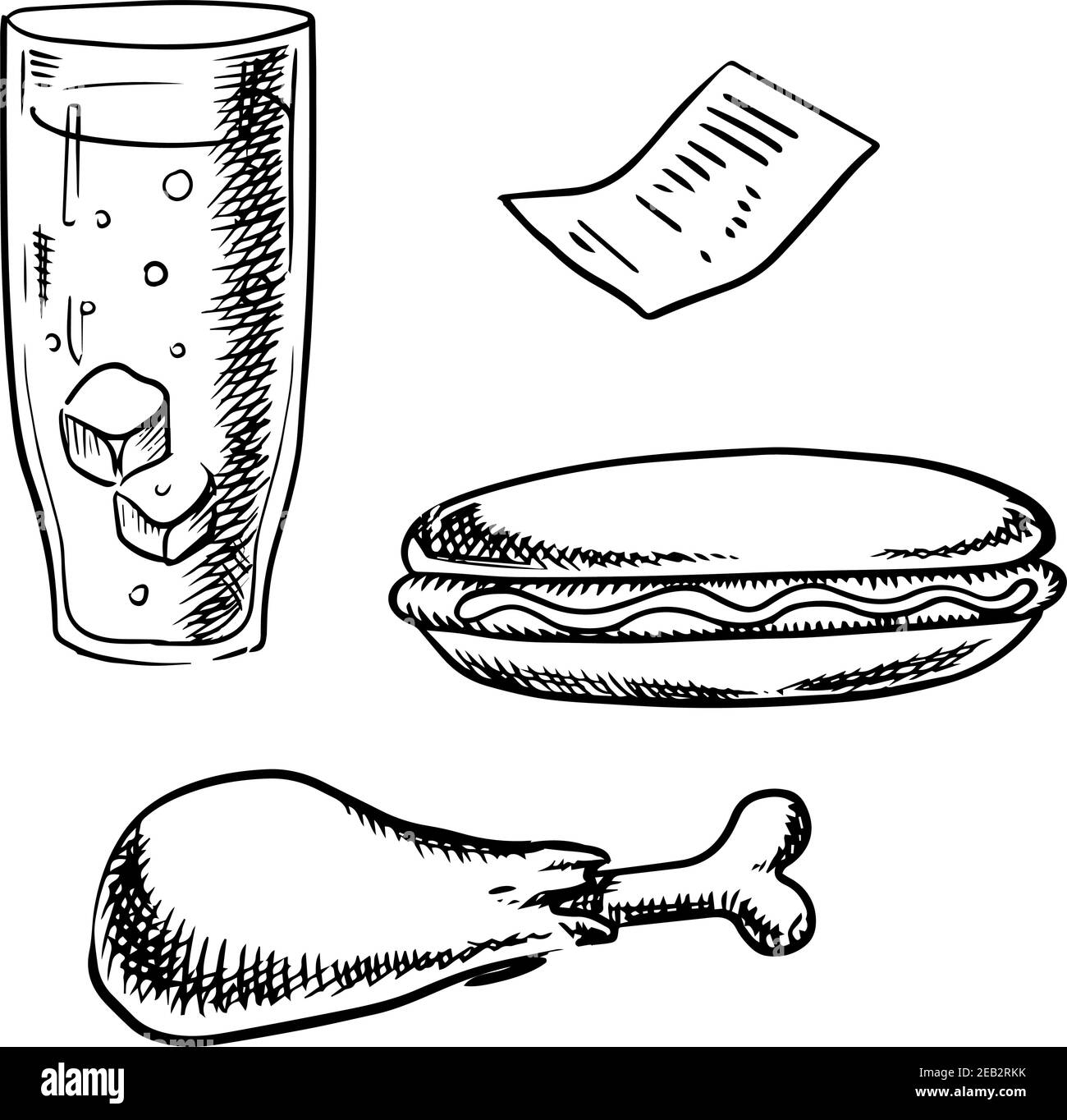 Fast Food Hot Dog, gebratenes Hühnerbein, Soda mit Eis in hohem Glas und Restaurant Rechnung isoliert auf weißem Hintergrund. Skizzenstil Stock Vektor