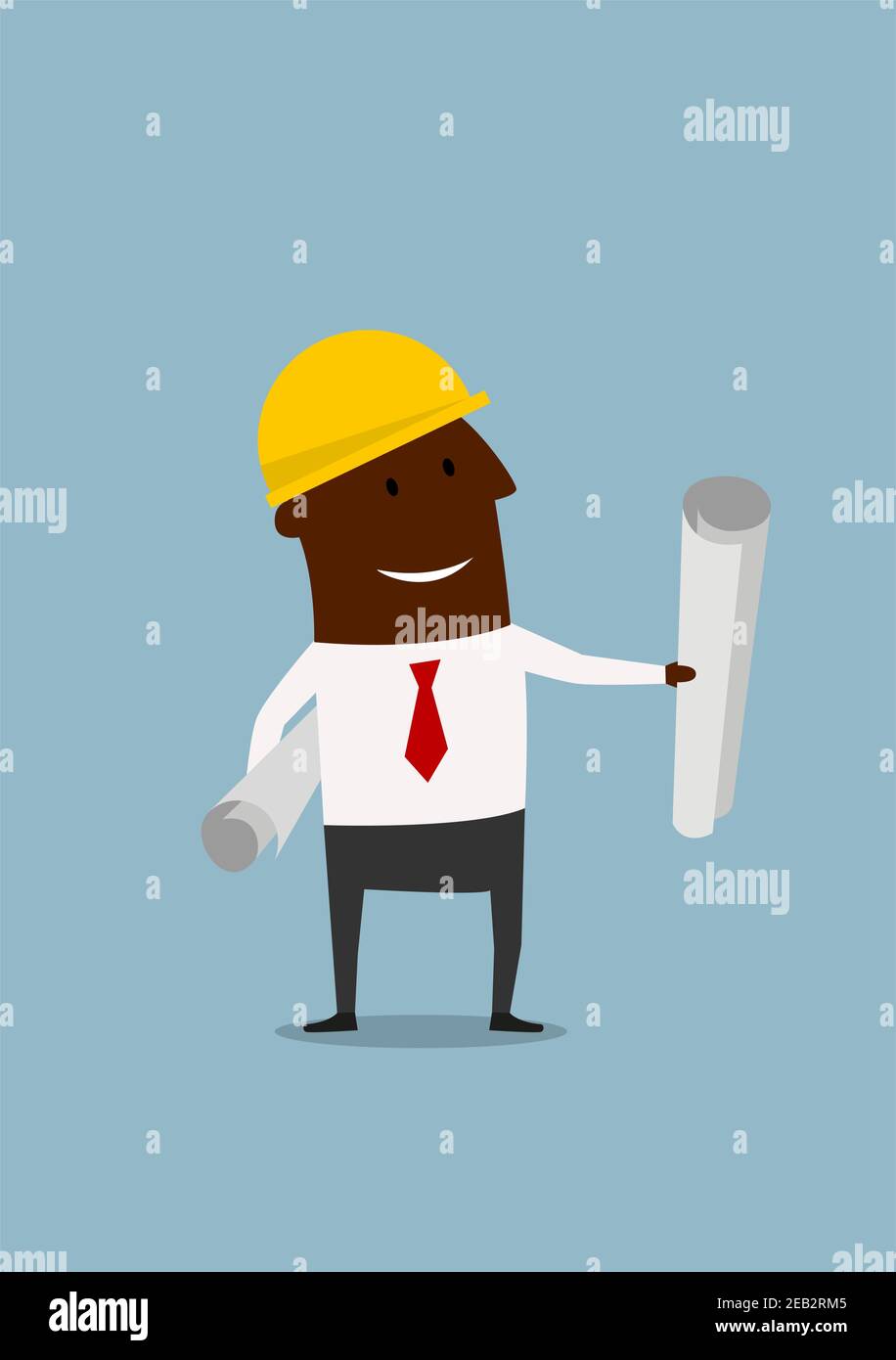 Happy Cartoon schwarz Ingenieur in Sicherheitshelm mit Blaupausen, für Industriedesign Stock Vektor