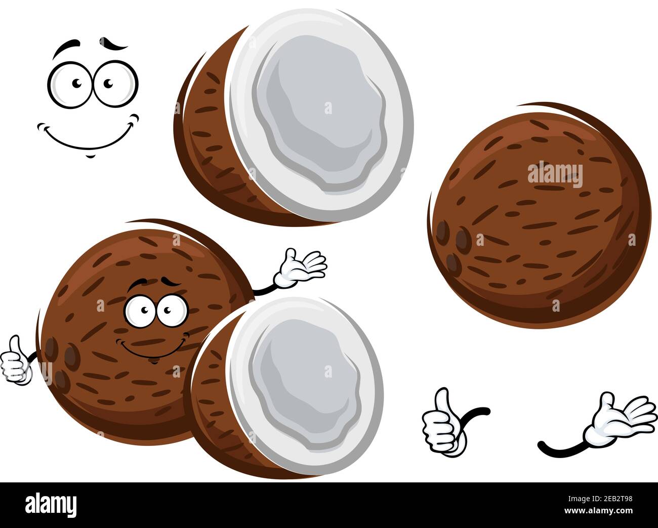 Frische reife Kokosnussfrucht Cartoon-Charakter mit süßen weißen Copra innen, geben Daumen nach oben Zeichen. Für Lebensmittel oder tropische Dessert-Design Stock Vektor