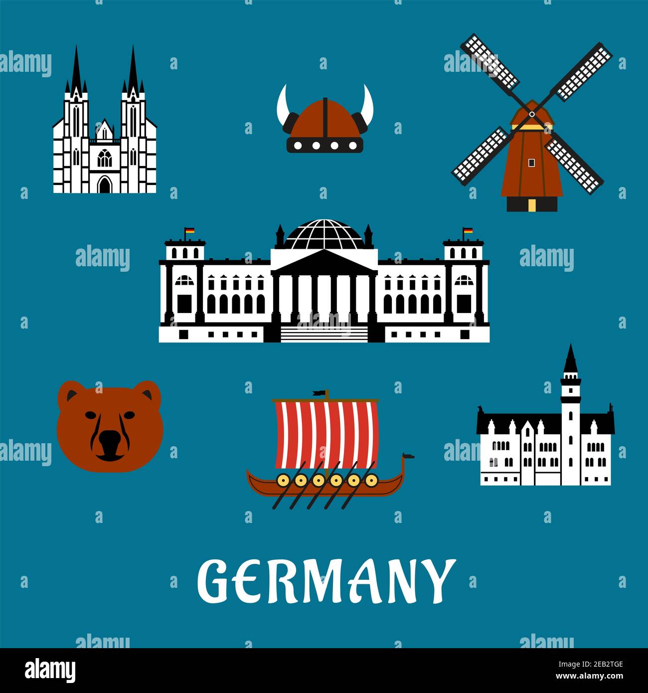 Deutschland Reisekonzept mit flachen Ikonen von Bär, Reichstag, gotischem Dom und Schloss, Windmühle, wikingerhelm mit Hörnern und Langschiff-Drakken Stock Vektor