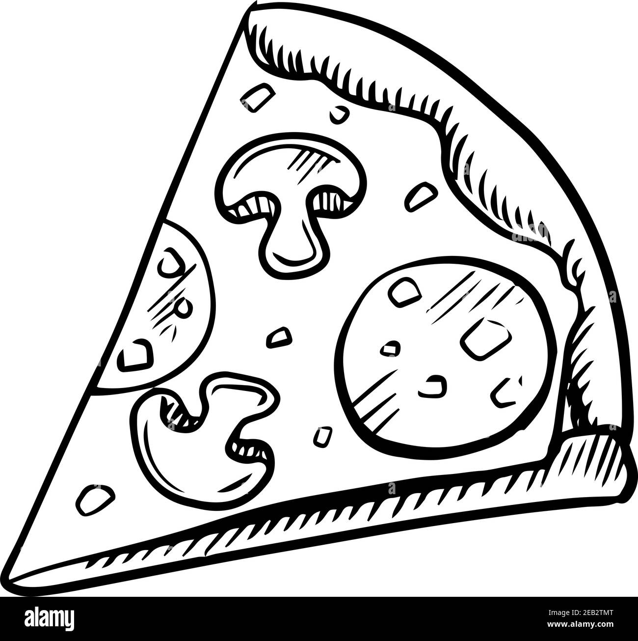 Schwarze und weiße Scheibe Pepperoni Pizza mit Pilzen, Hochwinkel Ansicht, Skizzensymbol Stock Vektor