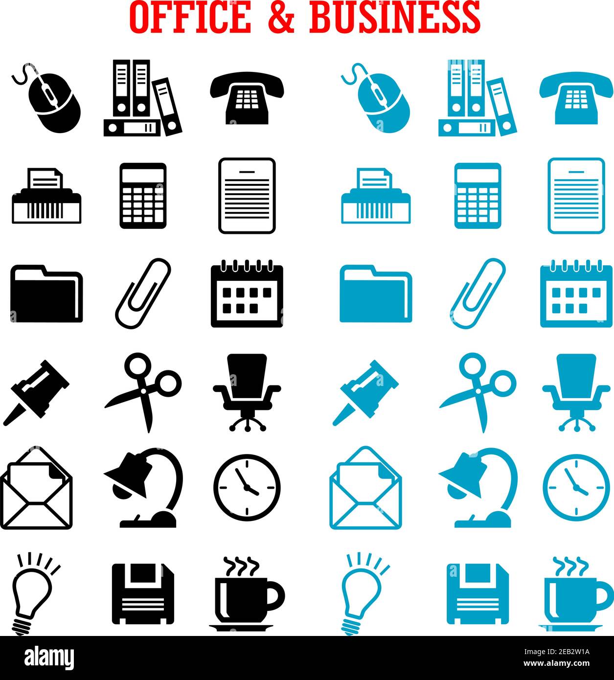Business und Büro flache Symbole mit blauen und schwarzen Glühbirne, Telefon, Kalender Rechner Maus Mail Ordner Dokumente Uhr Kaffee Stuhl, Aktenvernichter, s Stock Vektor