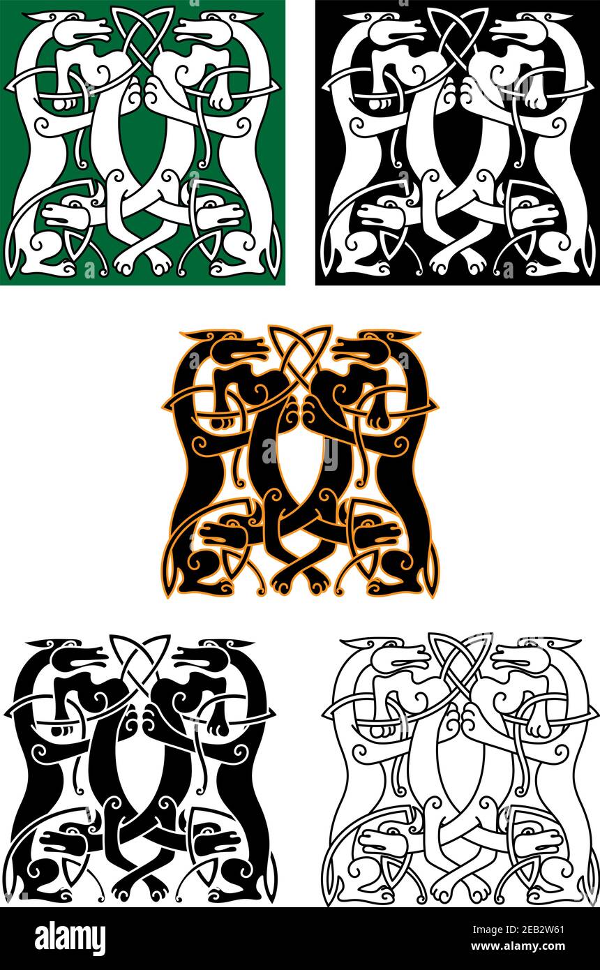 Verschlungs mythische Wolf und Hund Bestien stehen einander gegenüber in einem quadratischen Design, keltischen Ornament-Stil Stock Vektor