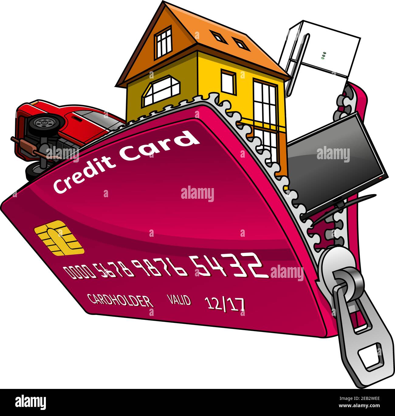 Haus, Auto und Hausgerät im Inneren offene rote Bank Kreditkarte mit Reißverschluss, für Verbraucherkredit oder Home Finance Konzept Design Stock Vektor
