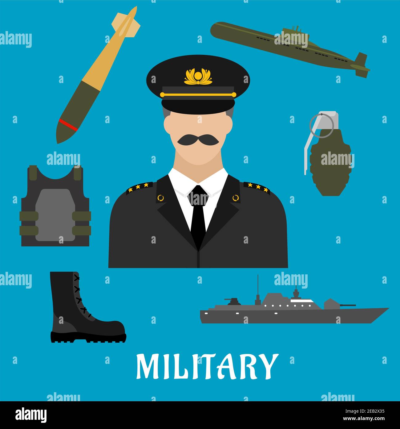 Militärberuf flache Ikonen mit Schnurrbart Mann in Uniform, umgeben von Körper Rüstung, Armeestiefel, Handgranate, U-Boot, Kampfschiff und Torpedo Stock Vektor