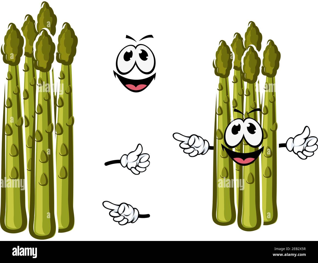 Frische saftige grüne Triebe von Spargel Gemüse Cartoon Charakter mit Junge, zarte Knospen und ein glückliches lächelndes Gesicht Stock Vektor