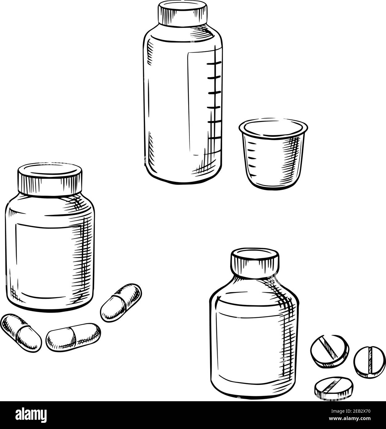 Medizinische Flaschen mit Pillen, Kapseln und Hustensirup mit Messbecher, für die Gesundheitsversorgung und medizinische Thema. Skizzenstil Stock Vektor