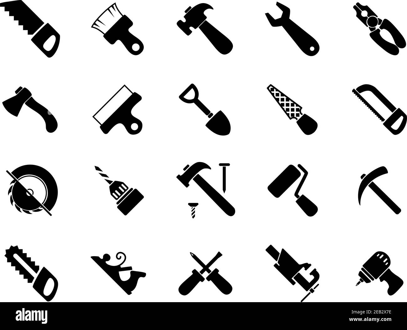 Hand- und Elektrowerkzeuge schwarz Icons Set mit Hämmern, Sägen, Axt, Schaufel, Schraubendreher Schraubenschlüssel Zangen Bohrer Pinsel und Roller, Spatel Spange Bank Schraubstock Stock Vektor