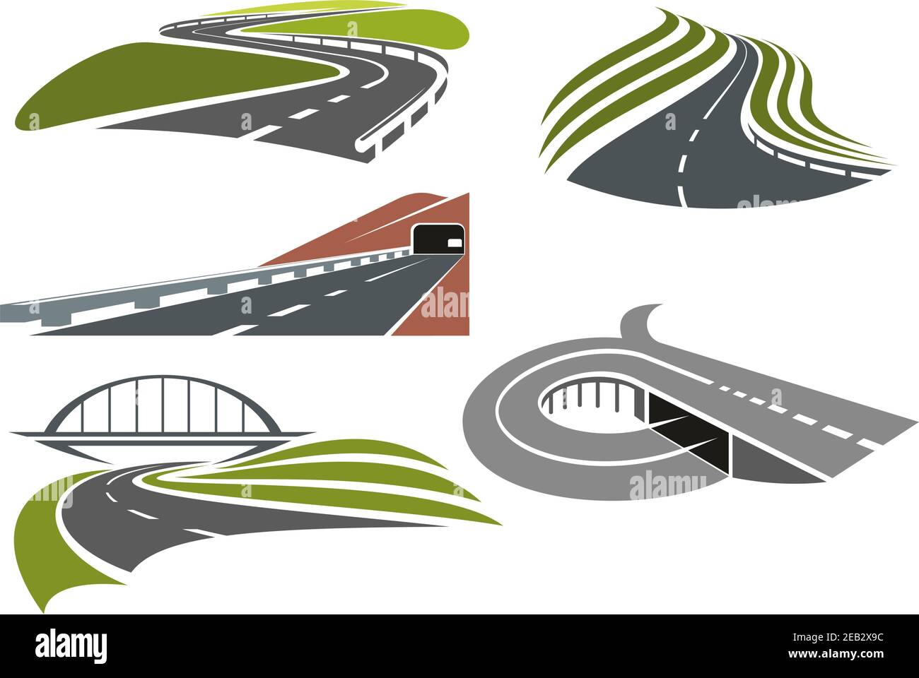 Kurvenreiche Straßen zwischen grünen Feldern, Autobahn mit Eisenbahnbrücke, Autobahnkreuz mit Rampe und Bergstraße mit Tunnel, für den Transport Th Stock Vektor