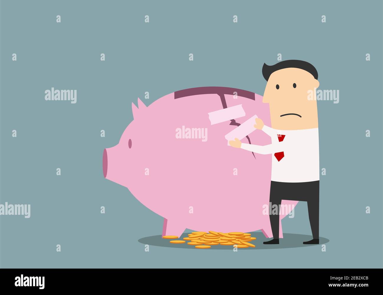 Cartoon verärgert Geschäftsmann Reparatur geknackt rosa Sparschwein mit Klebeband, versuchen, Einsparungen zu schützen. Für das Design des Themas „finanzielle Verluste“ Stock Vektor