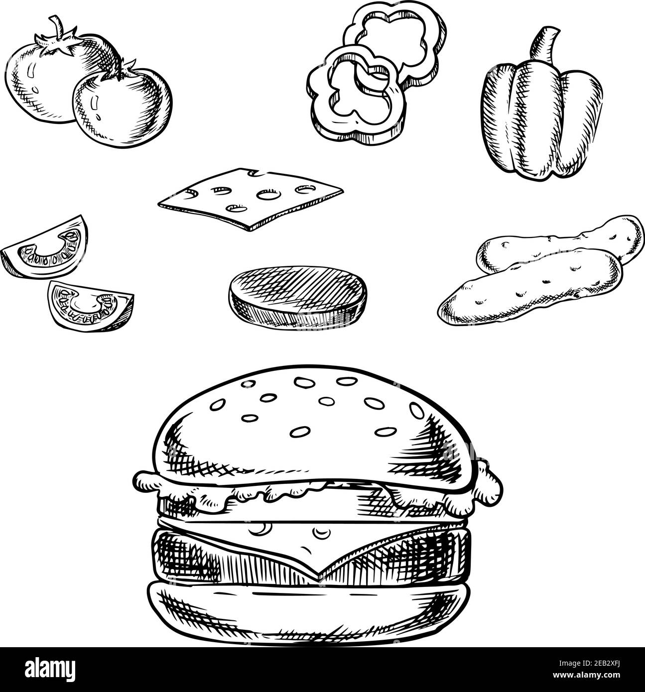 Cheeseburger-Skizze mit gegrilltem Patty, Käse, frischen Tomaten, Gurken, Paprika-Gemüse und Weizenbrötchen mit Sesam. Stock Vektor