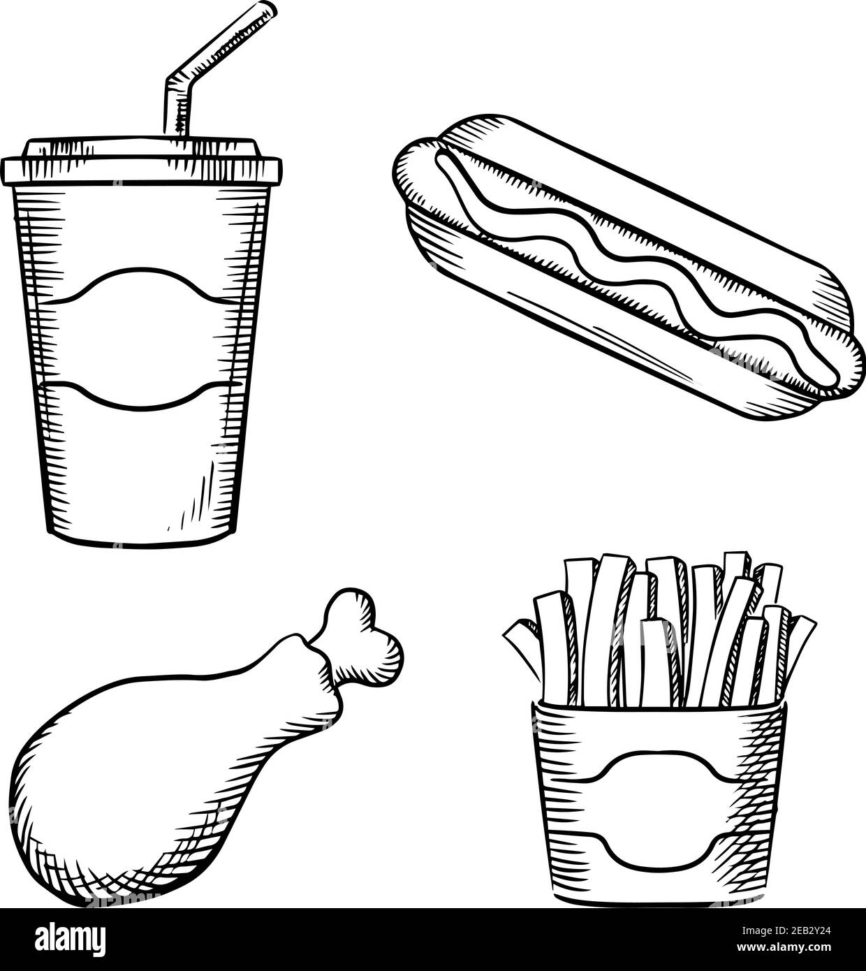 Fast Food pommes in Papierkarton, Hot Dog mit Ketchup, gebratenes Hühnerbein und süßes Soda im Take-away-Becher mit Trinkhalm. Skizzenbilder Stock Vektor