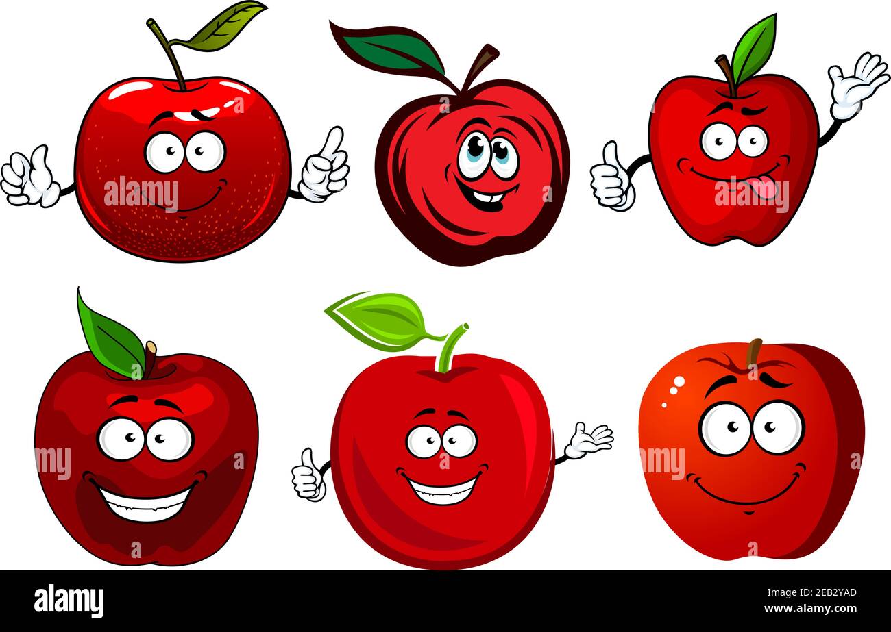 Knackig saftige rote Apfelfrüchte Cartoon-Figuren mit grünen Stielen und Blättern, für Landwirtschaft und Lebensmittel Themen Design Stock Vektor