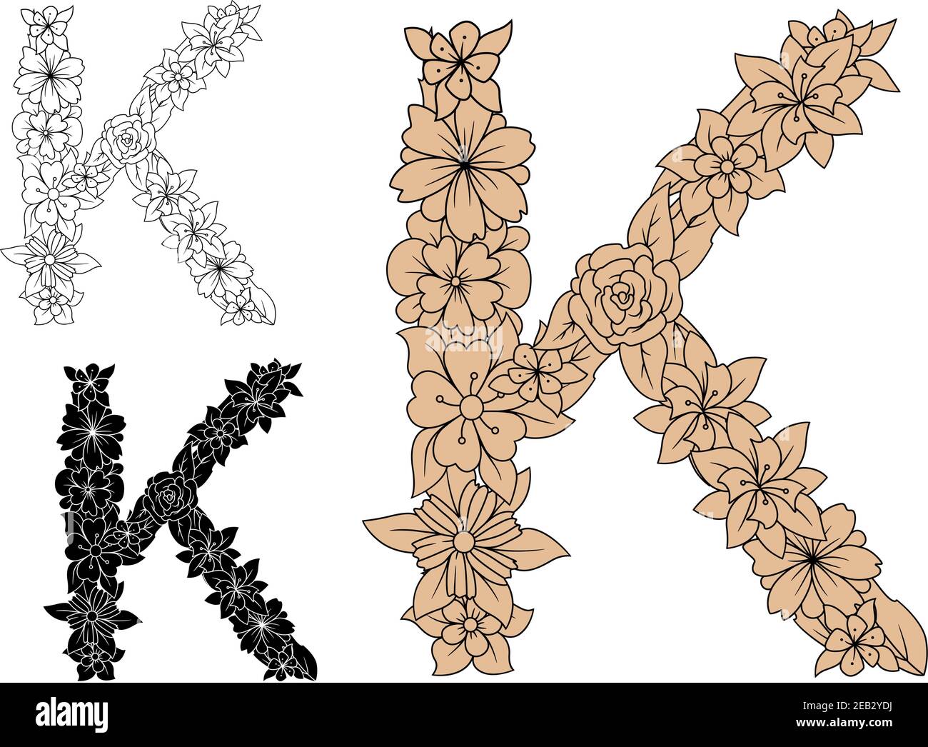 Zierlicher Großbuchstabe K mit braunen Blüten, verziert mit dekorativem Laub, für Monogramm-Design, isoliert auf Weiß Stock Vektor