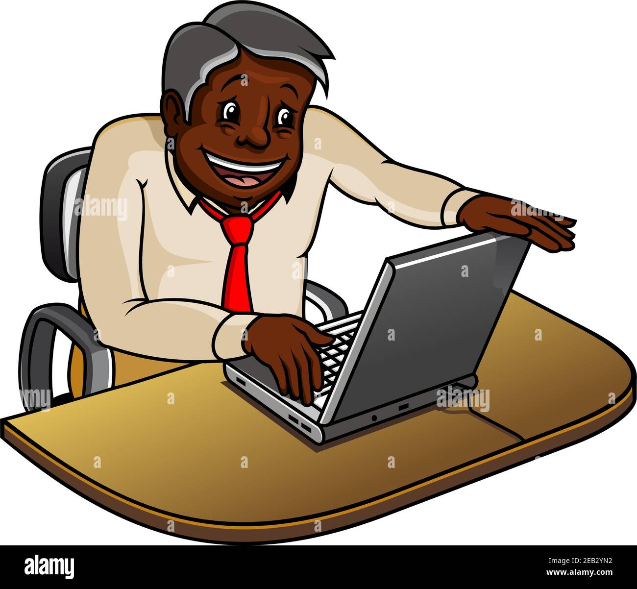 Fröhliche afroamerikanische Geschäftsmann oder Manager Zeichentrickfigur arbeitet an Laptop-Computer an seinem Arbeitsplatz Stock Vektor