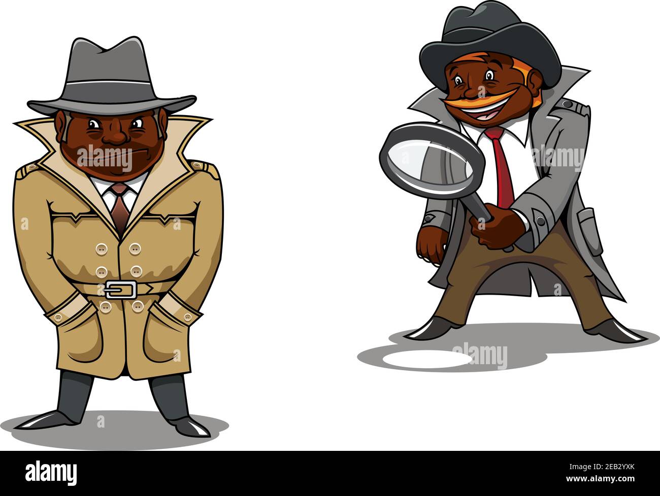 Lustige lächelnde und ernsthafte schwarze Detektive oder Spion Cartoon-Figuren, einer von ihnen mit Lupe in der Hand. Für Beruf oder Untersuchung Konzept sie Stock Vektor