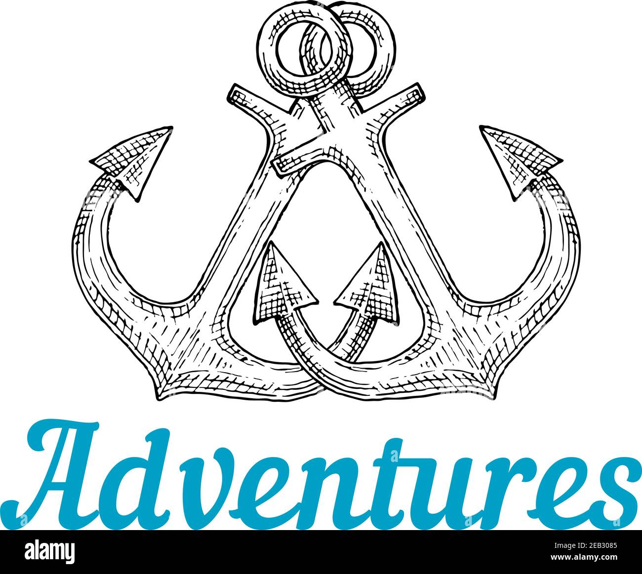 Gekreuzte Retro-Marine-Schiffsankern im Sketch-Stil mit Bildunterschrift Adventures unten. Für Sea Journey Thema oder Tattoo-Design Stock Vektor