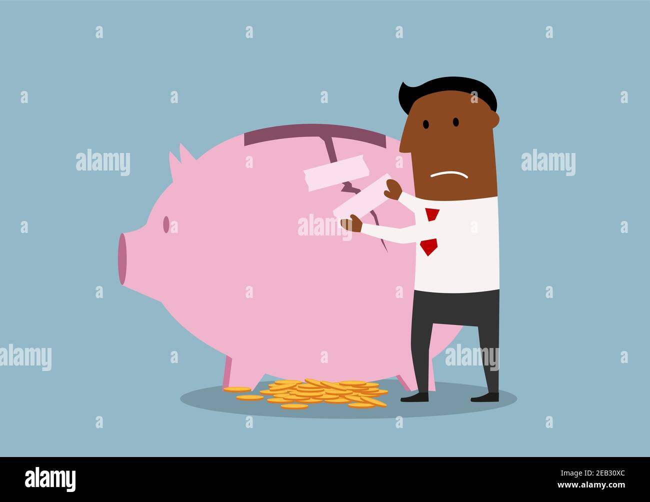 Cartoon african american Geschäftsmann Reparatur beschädigt Sparschwein, um Ersparnisse zu schützen. Design des Themas „Finanzerholung“ Stock Vektor